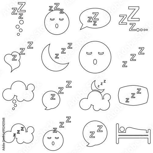 Sleep doodle icons zzz symbols collection. Hand drawn sleep themed doodles featuring Zzz symbols, speech bubbles, clouds, and moon icons representing dreaming, rest, and night time concepts.