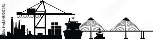 Industrial shipping port with container crane large ship and suspension bridges
