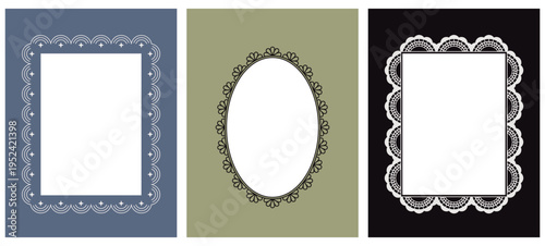 Vector graphic design, lace linear border and frame with copy space for text, logo, monogram, minimal trendy stationery and brand packaging template