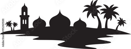Minimalist arabic town silhouette featuring mosque architecture and tropical palm trees on coast