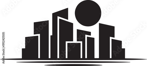 Modern abstract cityscape buildings with sun circle symbol in black