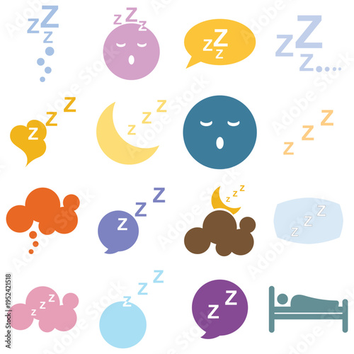 Sleep doodle icons zzz symbols collection. Hand drawn sleep themed doodles featuring Zzz symbols, speech bubbles, clouds, and moon icons representing dreaming, rest, and night time concepts.