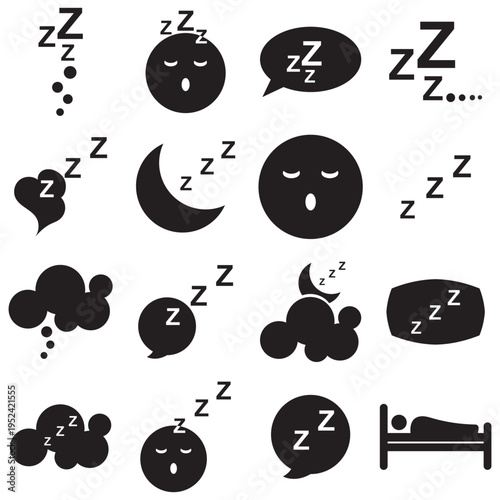 Sleep doodle icons zzz symbols collection. Hand drawn sleep themed doodles featuring Zzz symbols, speech bubbles, clouds, and moon icons representing dreaming, rest, and night time concepts.
