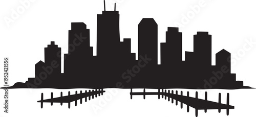 Modern city skyline silhouette with wooden piers and waterfront harbor architecture background
