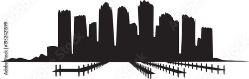 Modern city skyline with multiple boat docks and urban architecture buildings vector illustration