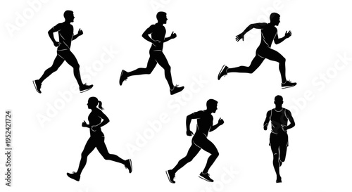 Diverse Runners Silhouettes: Men and Women in Motion, Sprinting and Jogging