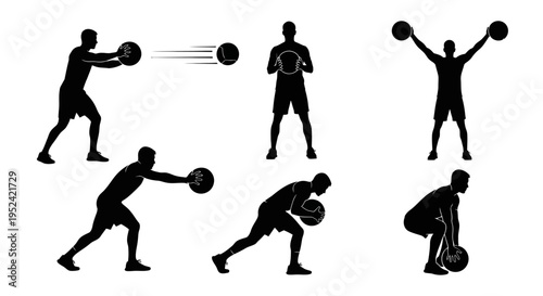 Silhouette of man performing various kettlebell exercises, strength training and fitness concept