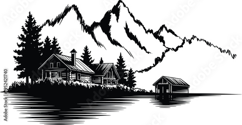 Rustic mountain cabin landscape with wooden huts and pine forest near lake shore line engraving