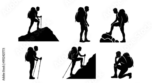 Silhouette of Hikers with Backpacks on Mountains, Ascending and Resting