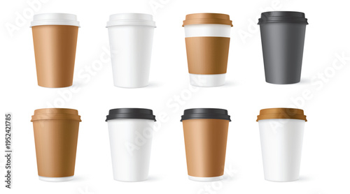 Coffee Cup Mockup Set, Disposable Takeaway Paper Cups with Lid Isolated Collection