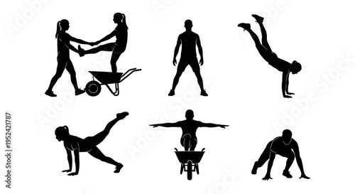 Silhouette People Exercising and With Wheelbarrow