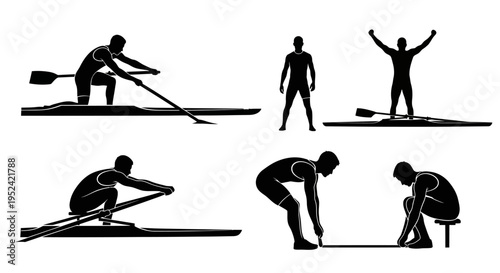Rowing Athlete Silhouettes: Action, Victory, and Preparation Poses