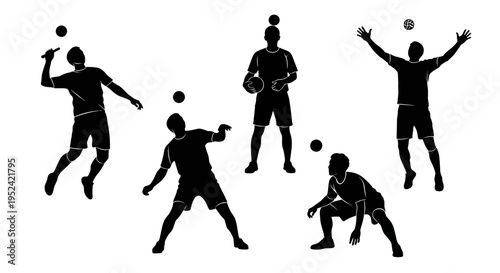 Silhouette of athletes playing volleyball, dynamic poses, action shots, sports concept