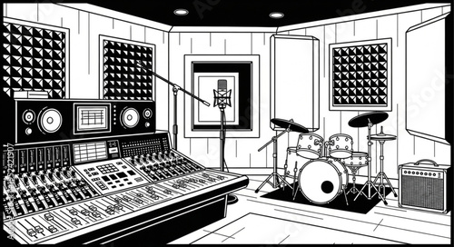 Detailed Illustration of a Recording Studio with Mixing Console and Drums.