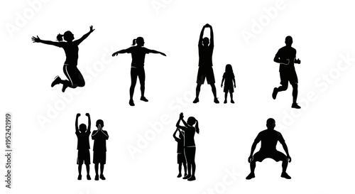 Diverse People Silhouettes Exercising and Jumping - Fitness and Activity Collection