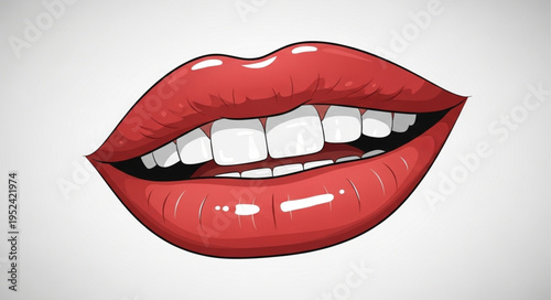 Illustration of Red Lips with White Teeth on White Background.