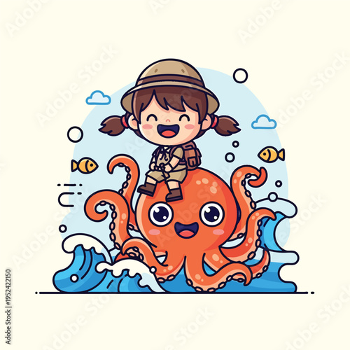 A smiling child explorer wearing a hat and backpack rides on a happy cartoon octopus emerging from stylized waves. Two fish swim