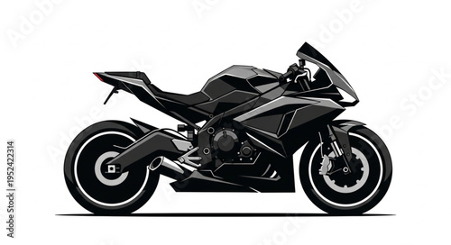 Sleek Black Sports Motorcycle Isolated on White Background.