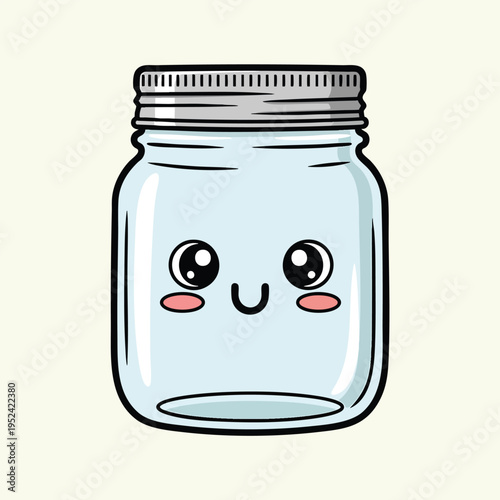Adorable, cartoon-style depiction of a glass jar with a metal lid and a smiling face. The jar has large, expressive eyes and rosy cheeks. The background is a cream color