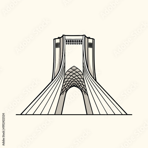 A minimalist illustration of a modern architectural structure with a central arch and cabling, rendered in black and gray against a light beige background