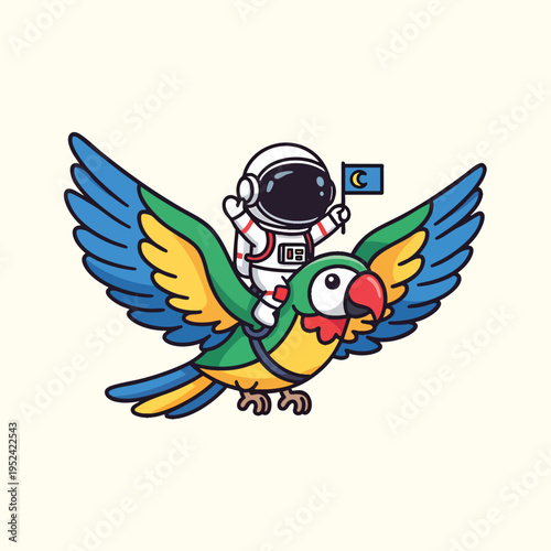 A cartoon illustration shows an astronaut riding a colorful parrot in space, holding a flag with a crescent moon