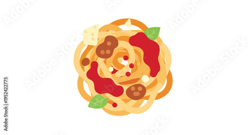 A simple, cartoon-style depiction of spaghetti, topped with tomato sauce, meatballs, cheese, and basil, set against a plain white background