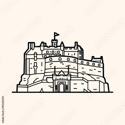 A monochrome illustration depicts a medieval fortress. Built atop a rocky formation, the structure presents with towers, battlements, and a central gate