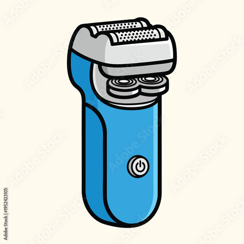 A cartoon-style illustration of an electric razor with a blue handle and silver shaver head. It is a simple graphic