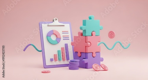 Creative colorful illustration showing financial analysis with puzzle pieces and chart clipboard