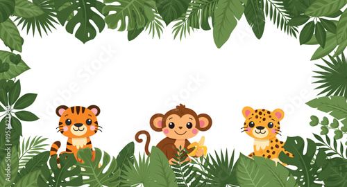 Cute wild cats and monkey frame. Tiger, leopard, monkey jungle vector border with copy space
