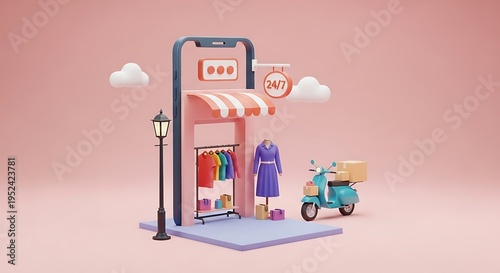 Creative illustration of a 24 7 online clothing store displayed on smartphone with scooter delivery concept
