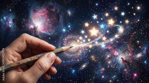 Hand drawing glowing stars and galaxy with wooden pencil
