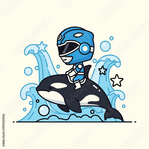 A cartoon hero in blue armor rides atop a killer whale through waves, surrounded by bubbles and stars on a cream background