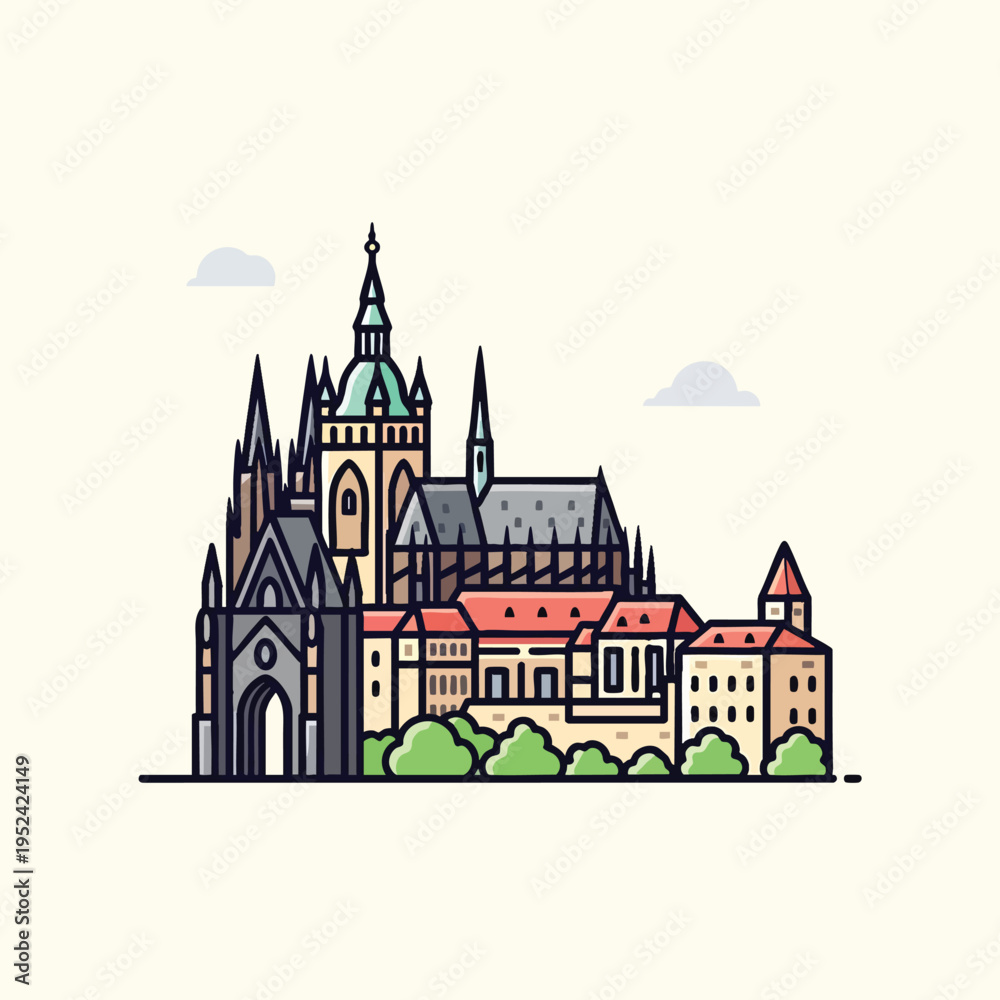 Fototapeta premium A stylized illustration features a large building with multiple spires, towers, and sections. A row of buildings with red roofs sits below. Clouds are above