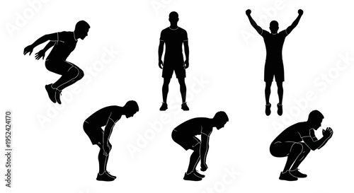 Man's fitness sequence: jumping, squatting, and celebrating fitness.