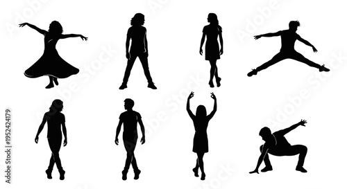 Diverse People Silhouettes Dancing, Jumping, and Posing in Dynamic Motion