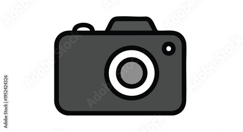 A flat-design illustration of a camera, depicted in grayscale with a black outline and white background. Features lens, button and viewfinder