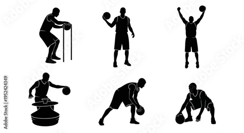 Basketball Player Silhouettes: Six Poses of Action and Skill