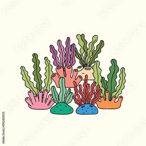 A cartoon illustration of colorful ocean plant life. Various shapes and hues combine with black outlines on an off-white background, creating depth