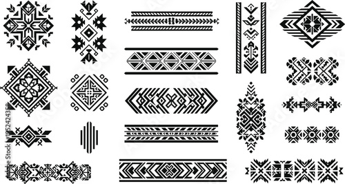 Ethnic Geometric Pattern Set with Tribal Ornaments, Decorative Borders, and Abstract Motifs for Textile Design