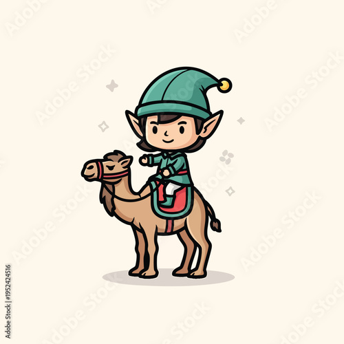 A cartoon elf rides a camel. The elf wears a green outfit and pointy hat. The background is a simple beige