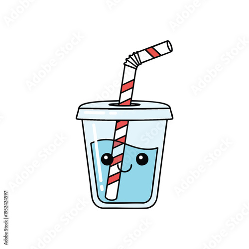 Adorable animated glass of water with a cheerful face, blue liquid, and a striped straw, all set against a white background