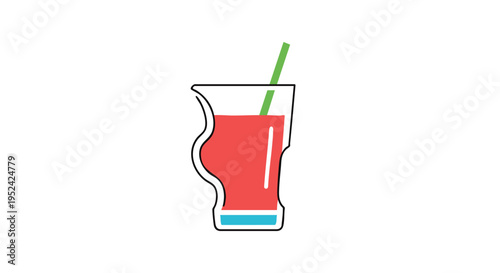 A cartoon-style illustration of a drink in a glass with a unique shape, a green straw and liquid. It has blue, black and red colors