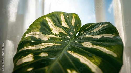 Close-up macro photography of a Monstera Thai Constellation leaf. The intricate creamy-white variegation is highlighted by soft, dappled summer sunlight filtering through a linen curtain.