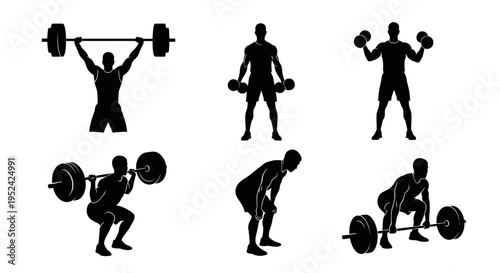 Weightlifting Silhouette Set: Barbell Squat, Dumbbell Curls, Deadlift, Overhead Press