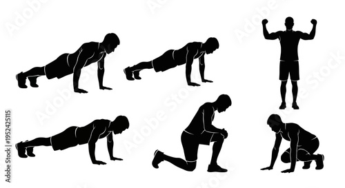 Silhouette of a man performing various exercises: push-ups, squats, and standing poses.