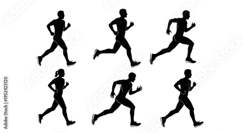 Silhouette runners, male and female, in motion, set of six, athletic, fitness, sport