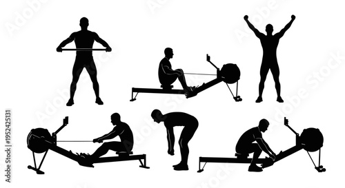 Rowing Machine Workout Silhouettes: Fitness, Exercise, and Training Set