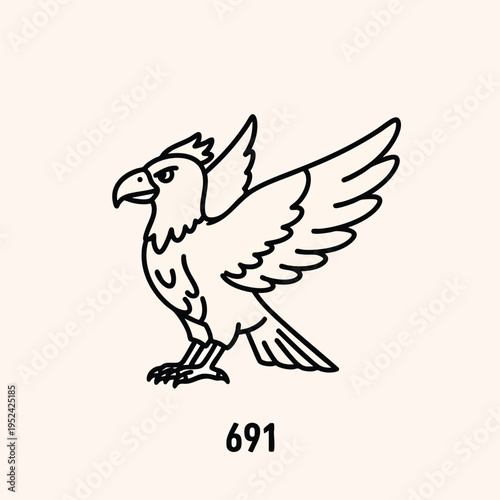 A simple, black-outlined illustration of a creature, possibly a mythological griffin, with spread wings and a stern expression. Number 691 below
