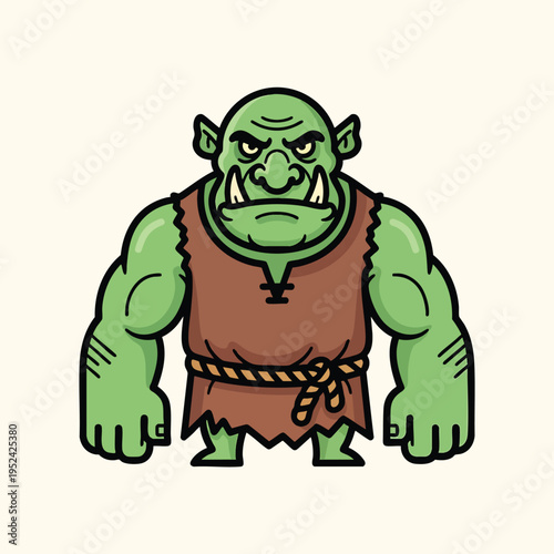 A muscular green creature with a stern expression and sharp tusks wears ragged clothes. It stands facing forward with fists clenched